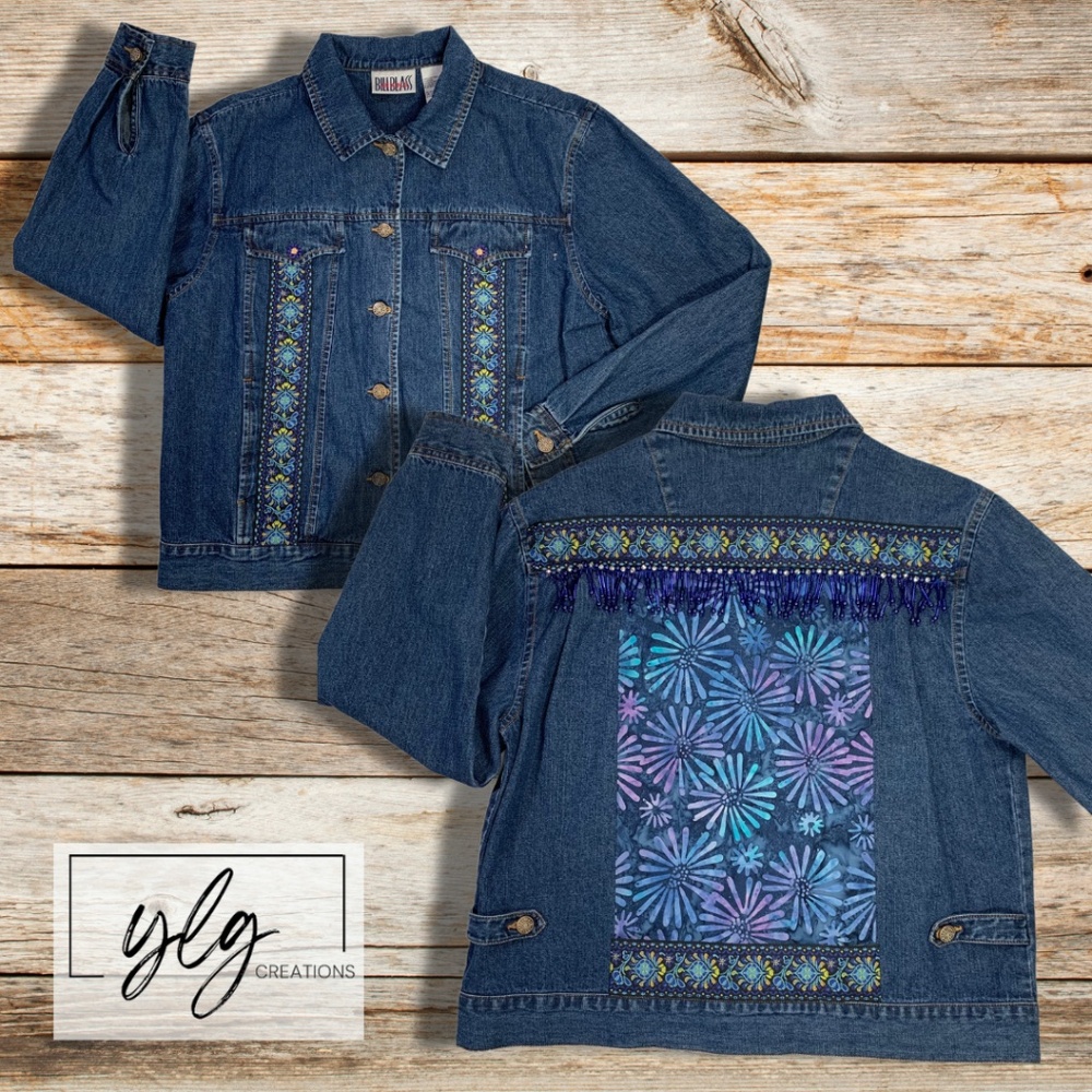 Boho Chic Denim Jacket Embellished Beaded Cowgirl Glam Watercolor Floral